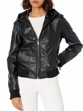Women's Faux Leather Hooded Bomber Jacket